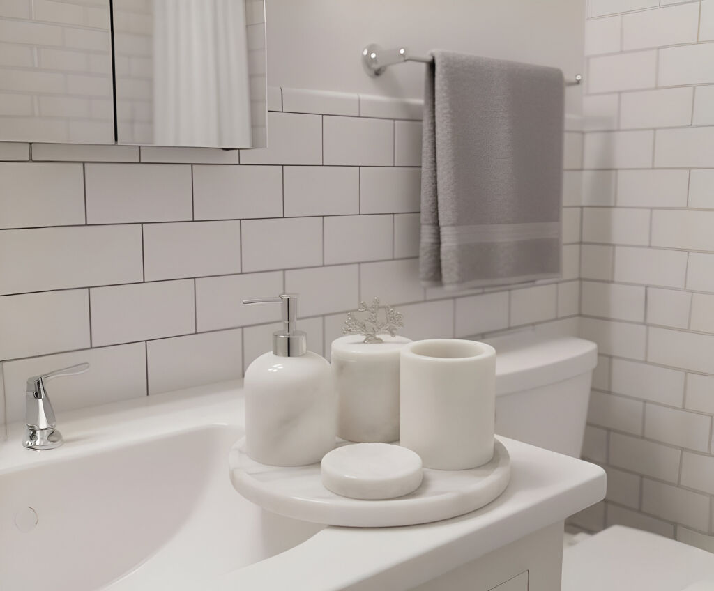 Afyon Beyaz Mermer 5'li Banyo Seti Gümüş Aksesuar - 1