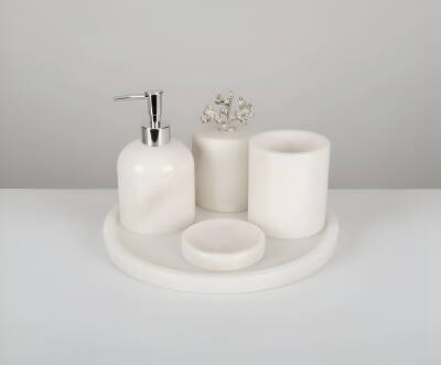 Afyon Beyaz Mermer 5'li Banyo Seti Gümüş Aksesuar - 2