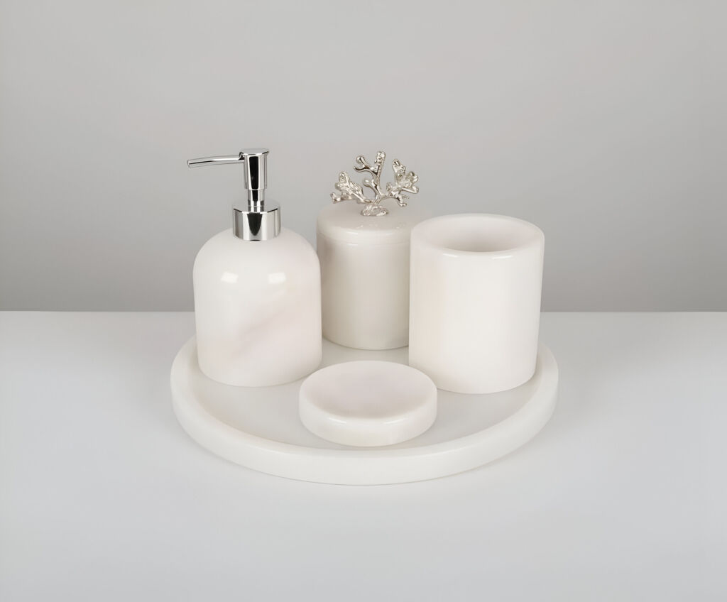 Afyon Beyaz Mermer 5'li Banyo Seti Gümüş Aksesuar - 2