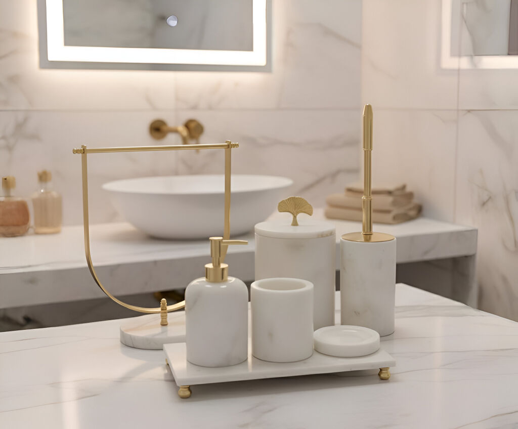 Afyon Beyaz Mermer 7'li Banyo Seti Gold Aksesuar - 1