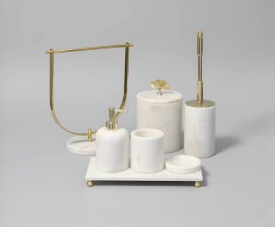 Afyon Beyaz Mermer 7'li Banyo Seti Gold Aksesuar - 2