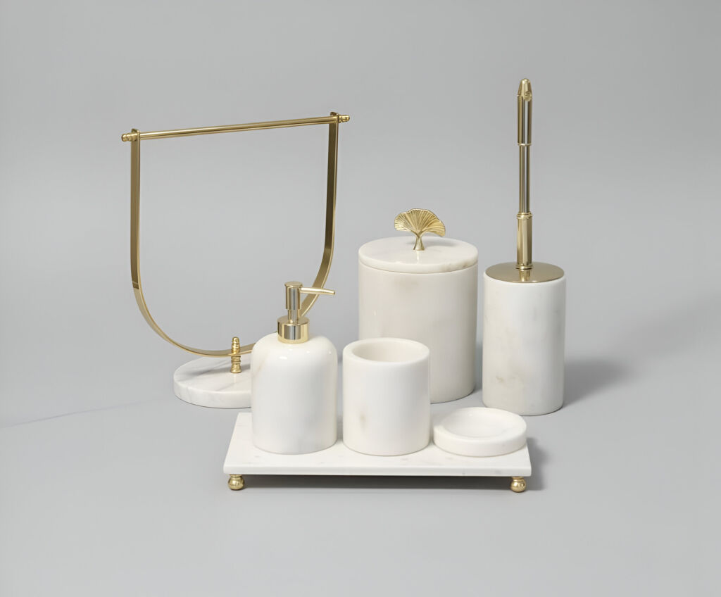 Afyon Beyaz Mermer 7'li Banyo Seti Gold Aksesuar - 2