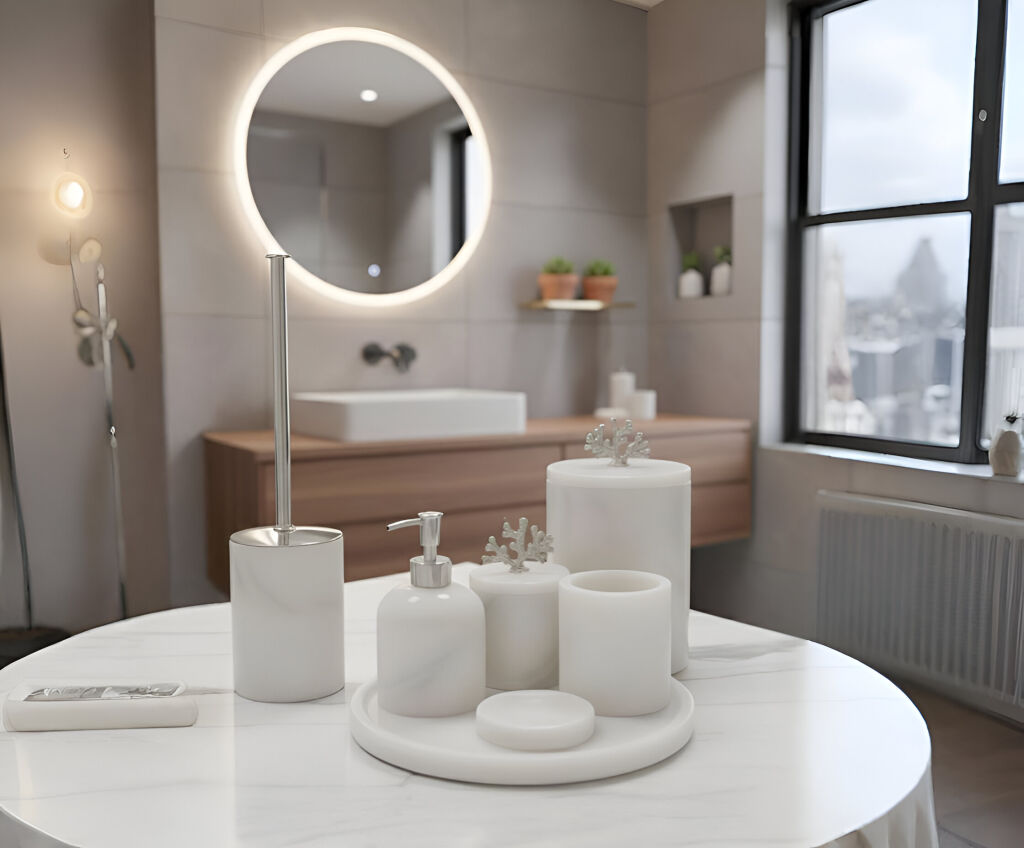 Afyon Beyaz Mermer 7'li Banyo Seti Gümüş Aksesuar - 1