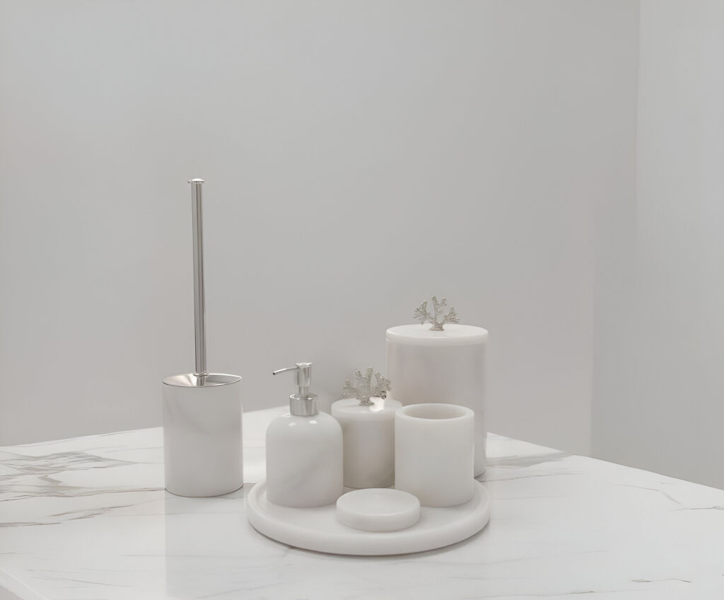 Afyon Beyaz Mermer 7'li Banyo Seti Gümüş Aksesuar - 2