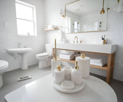 Afyon Beyaz Mermer 7'li Banyo Seti Gold Aksesuar