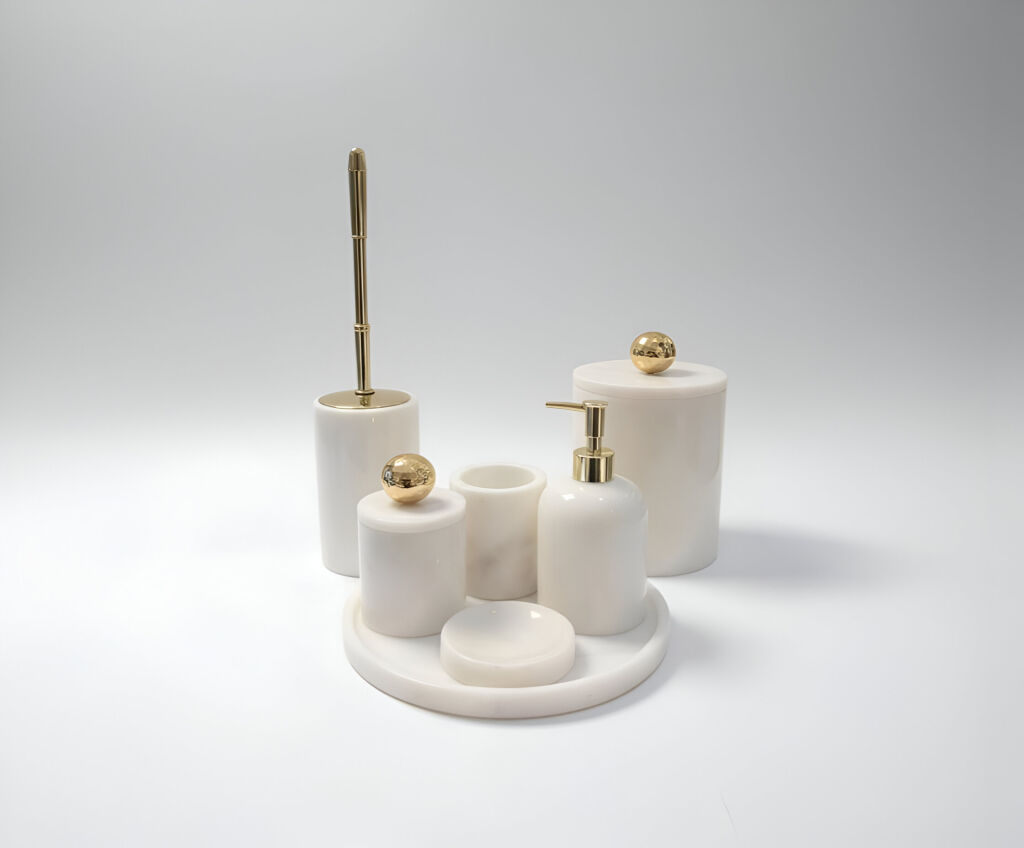 Afyon Beyaz Mermer 7'li Banyo Seti Gold Aksesuar - 2