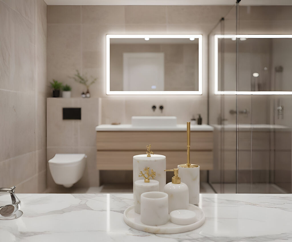 Afyon Beyaz Mermer 7'li Banyo Seti Gold Aksesuar - 1