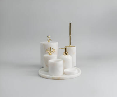 Afyon Beyaz Mermer 7'li Banyo Seti Gold Aksesuar - 2