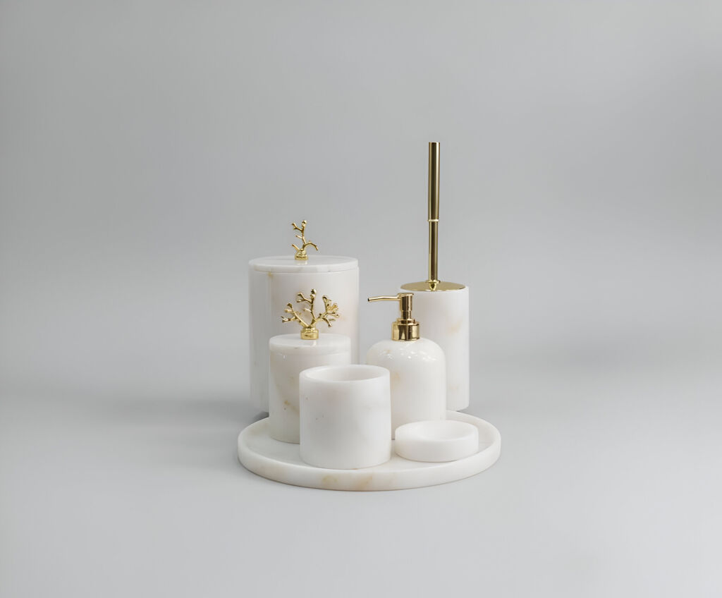 Afyon Beyaz Mermer 7'li Banyo Seti Gold Aksesuar - 2