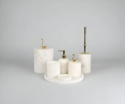 Afyon Beyaz Mermer 7'li Banyo Seti Gold Aksesuar - 2