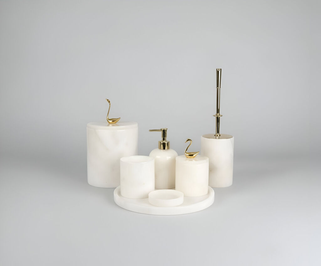 Afyon Beyaz Mermer 7'li Banyo Seti Gold Aksesuar - 2
