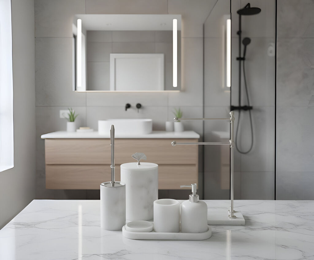 Afyon Beyaz Mermer 7'li Banyo Seti Gümüş Aksesuar - 1