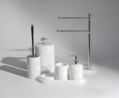 Afyon Beyaz Mermer 7'li Banyo Seti Gümüş Aksesuar - 2