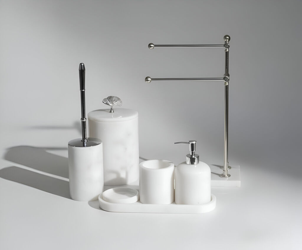 Afyon Beyaz Mermer 7'li Banyo Seti Gümüş Aksesuar - 2